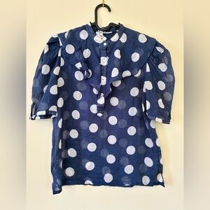 Navy Polka Dot Ruffle Collar Blouse